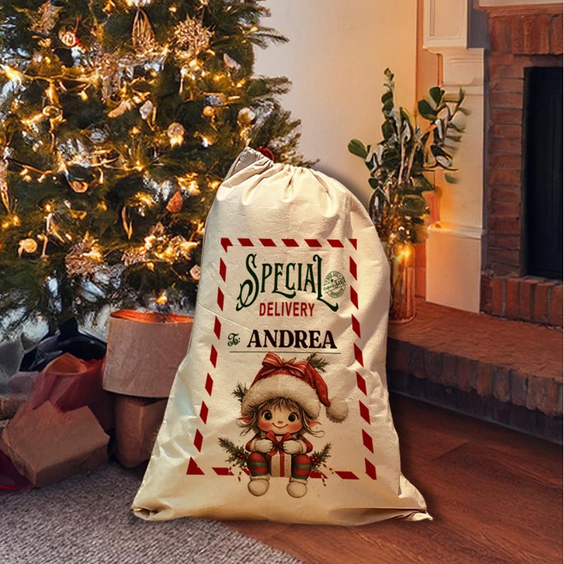 Sacco Natale personalizzabile "Elfo" + Stencil orma Babbo Natale